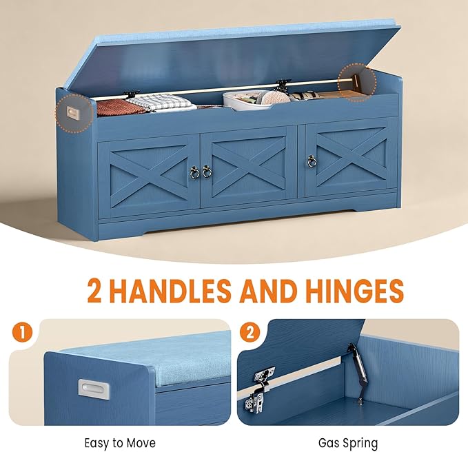 Farmhouse Shoe Storage Bench with Cushion Seat, 3-Tier Entryway Bench with Lift Top Storage and Adjustable Shelf, Bench for Hallway, Bedroom, Blue
