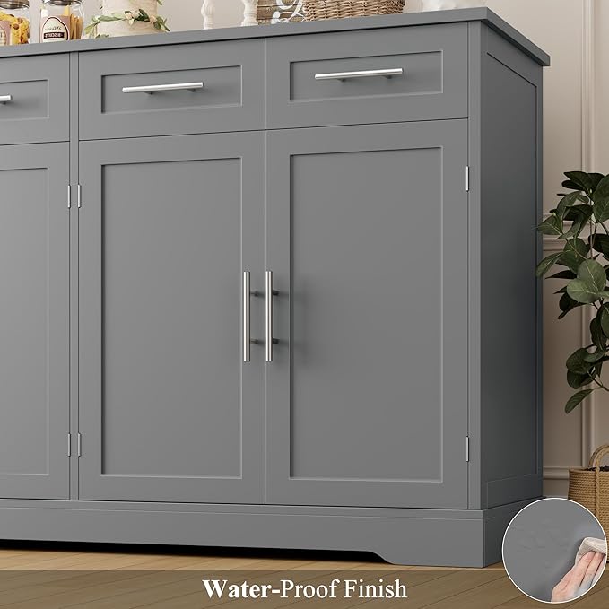 HOSTACK 60" Large Buffet Sideboard with Storage, 36" Tall Kitchen Buffet Storage Cabinet with 4 Drawers, Modern Coffee Bar Cabinet with Silver Handles, Long Sideboard Buffet Table for Kichen, Grey