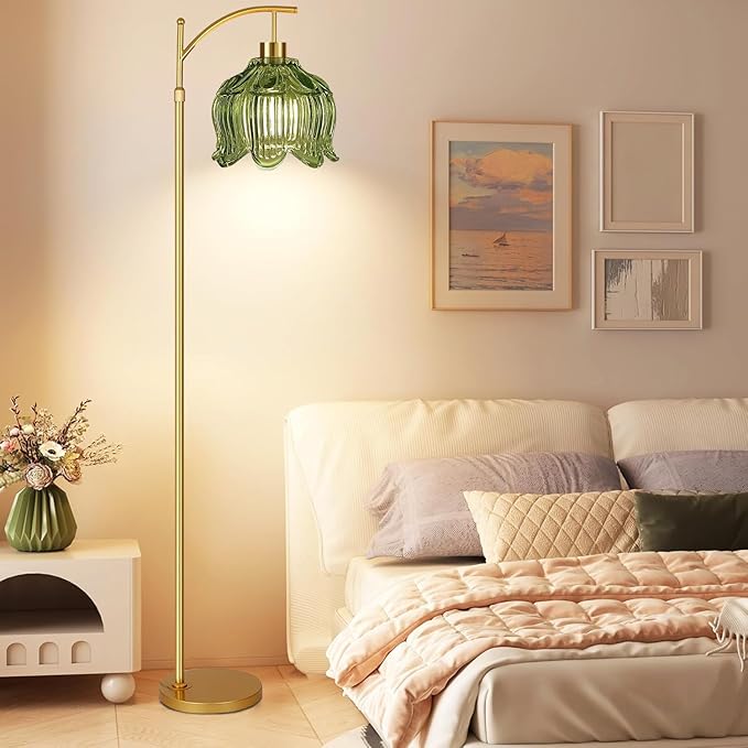 QIYIZM Glass Floor Lamp for Living Room,Bedroom,Gold Dimmable Standing Lamp with Remote,Mid Century Modern Brass Tall Lamp Boho Vintage Floor Lamps Arc Green Tulip Flower Floor Light Lamp Bohemian