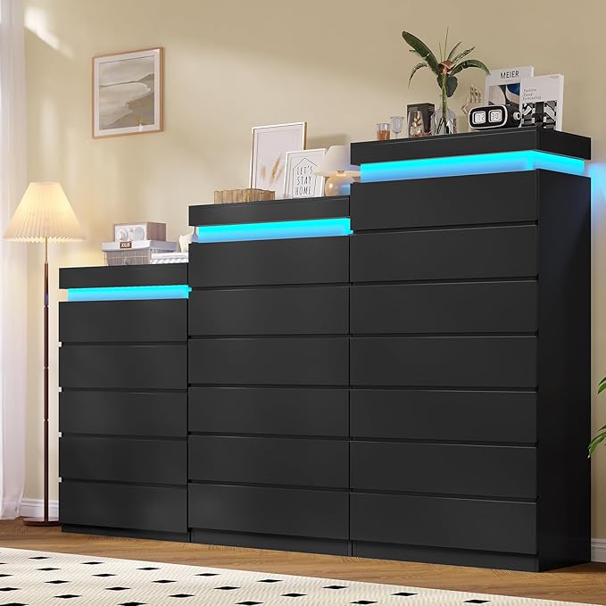 HAUOMS Tall 6 Drawer Dresser with LED Light, Black Modern Chest of Drawers for Bedroom,Closet Dressers with Drawers for Living Room, Entryway, Hallway