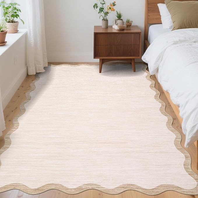 GarveeHome Scalloped Washable Rug 3x5, Beige Boho Living Room Area Rug, Bordered Non-Slip Farmhouse Bedroom Carpet Dorm Room Throw Rug, Low Pile Soft Accent Mat for Kitchen Entry Office 3'x5' Beige