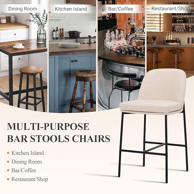 COLAMY Counter Height Bar Stools Set of 6, 25 Inch Modern Fabric Kitchen Island Stools with Back, Upholstered Counter Barstools Armless Bar Chairs with Metal Legs for Island Dining Room Bar,Beige