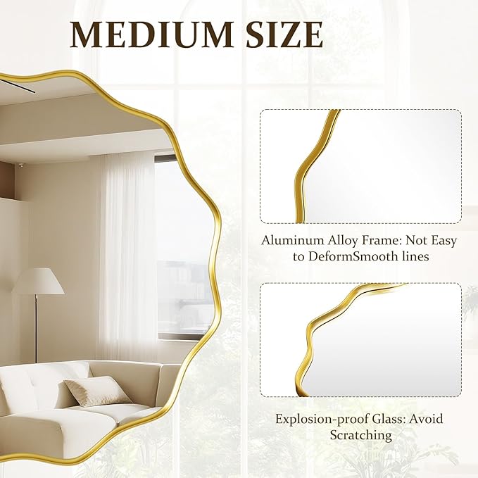 Round Wavy Mirror - 24 Inch Bathroom Vanity Mirror Metal Frame Circle Wall Mounted Mirror for Bedroom Living Room Entryway, Gold