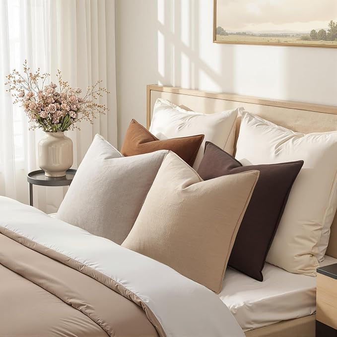 Solid Linen Neutral Brown Pillow Covers with Flange Design Pack of 4 Decorative Brown Throw Pillow Covers Soft Accent Boho Couch Pillowcases Farmhouse for Living Room Bed Sofa 16x16 Inch