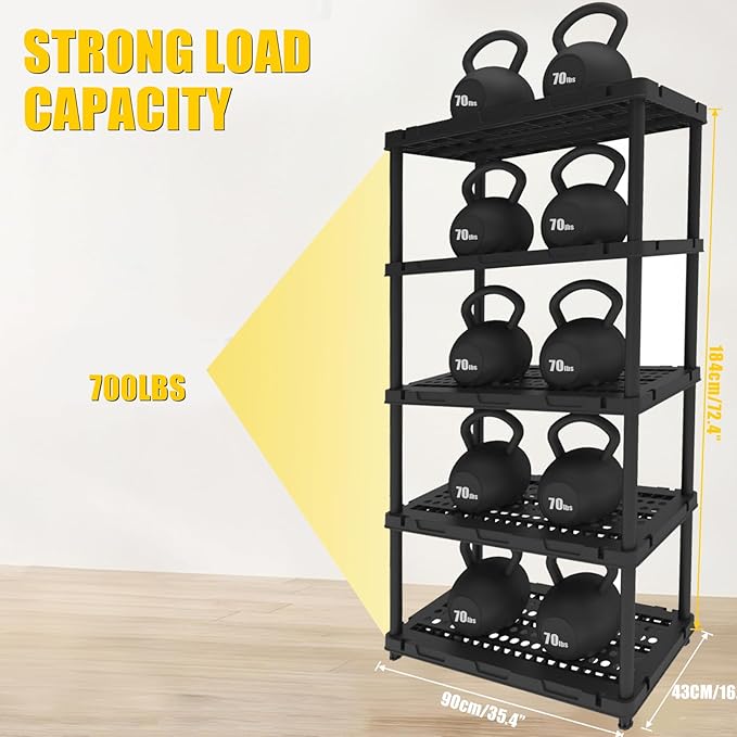 Plastic Storage Shelves, 4/5 Shelving Unit, Heavy Duty Storage Rack, 72.44''H, Plastic Shelf Rack, Adjustable Utility Shelf for Basement, Kitchen, Bathroom, Garage,PP, Waterproof