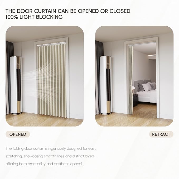 Jilron Accordian Door Curtain, 100% Blackout Folding Magnetic Doorway Curtains,Linen Style Closet Doors,for Room Divider,Privacy Protection（W72 x L78,Beige,1 Panel）