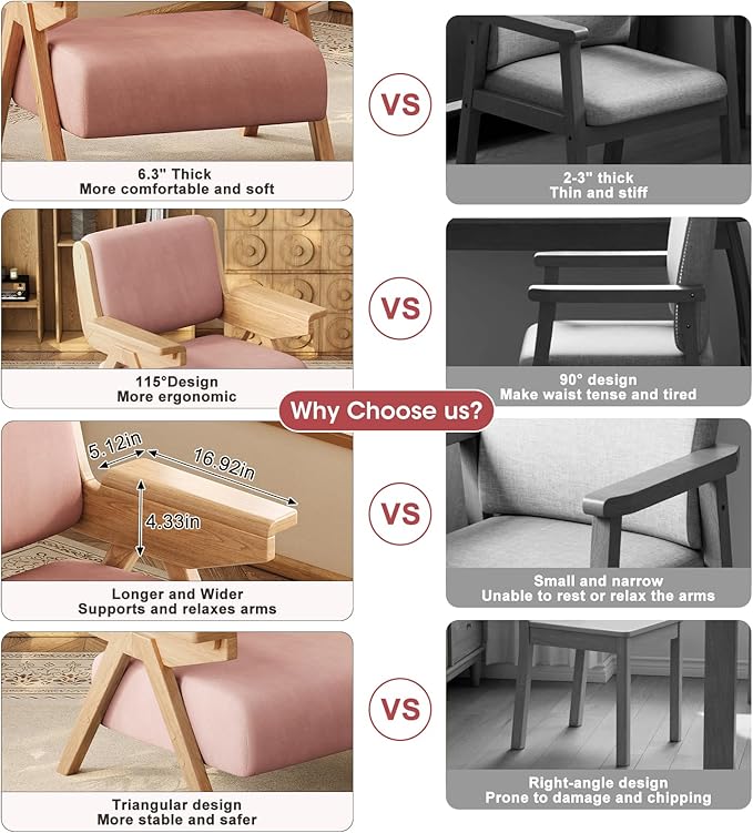 Accent Chair Mid Century Modern Chair, Velvet Upholstered Lounge Arm Chair with Solid Wood, Cozy Seating for Living Room, Bedroom, Balcony (Pink, Single Chair)