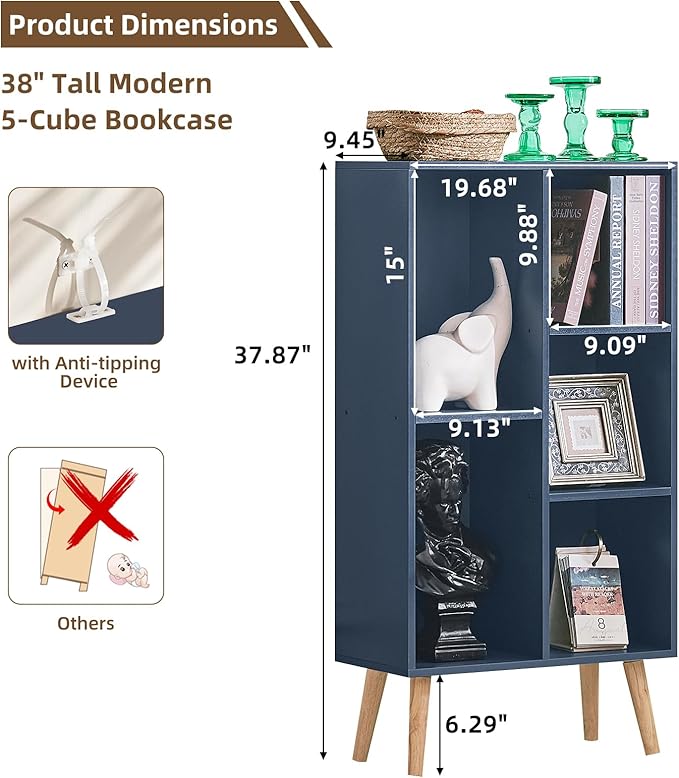 LEYAOYAO 5 Cube Bookshelf 3-Tier Bookcase with Legs,Mint Dark Blue Kids Book Shelf Cute Storage Organizer,Free Standing Open Toy Shelves Wood Bookshelves,Display Bookcases for Bedroom,Living Room