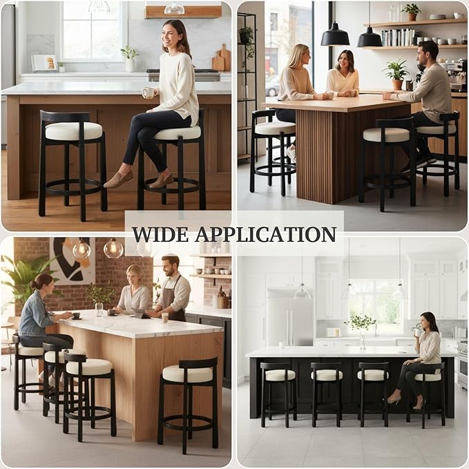 LukeAlon Mid Century Linen Counter Stools Set of 6, Upholstered 26.5” Seat Height Low Barstools with Black Wood Legs Round Low Back Kitchen Stools with Footrest for Dining Room Restaurant, Beige