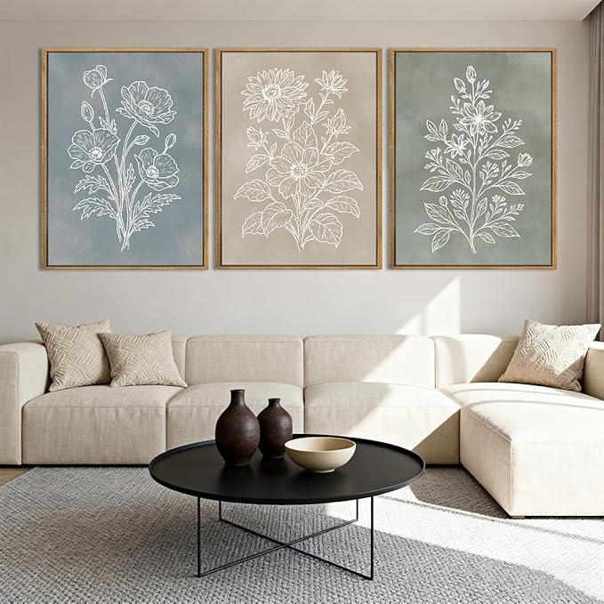 Anyzal Boho Floral Framed Wall Art 12x16 Inch Farmhouse botanical Canvas Wall Decor Modern Minimalist Plant Artwork for Living Room Bedroom Dining Room Set of 3