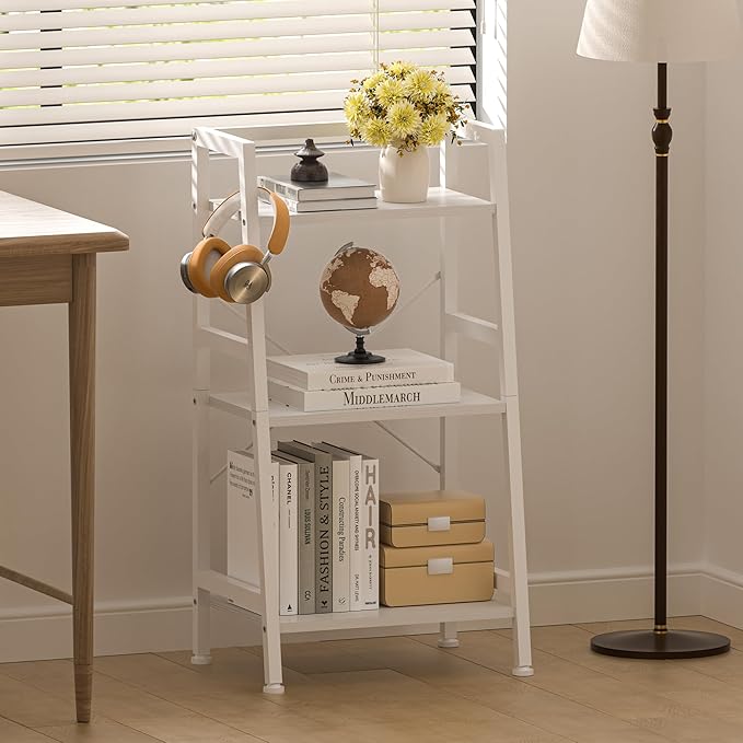 3-Tier Bookshelf, Ladder Shelf, Stand Up Shelves, Industrial Bookcase with Steel Frame, Metal Small Bookcase, for Living Room, Home Office, Kitchen, Bedroom, Industrial Style（White）