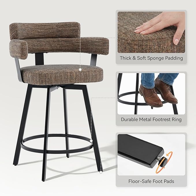 30 Inch Bar Stools Set of 2 with Full Back, Swivel Bar Chairs with Linen Padded Back, Metal Footrest, Modern Bar Height Stools for Kitchen Island, Dining, Living Room, Brown