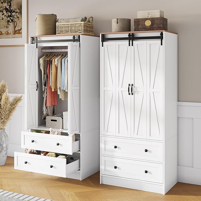 Maupvit Farmhouse Armoire with 2 Folding Sliding Barn Doors and Drawers 70.9" Tall Wooden Bedroom Wardrobe Closet with Spacious Storage Cabinet with Hanging Rod for Bedroom, White