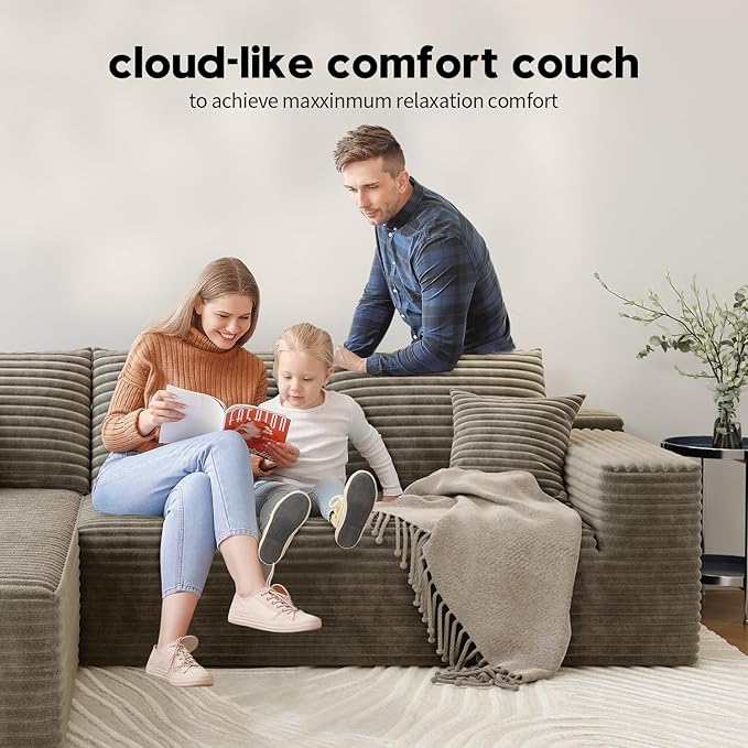 139.4" Modular Sectional Sofa, U-Shaped Minimalist Couches with 2 Middle Seats, Modern Deep Seat Convertible Sleeper Sofa Bed,Cloud Plush Corduroy Fabric, No Assembly Required, 6 Seater, Camel