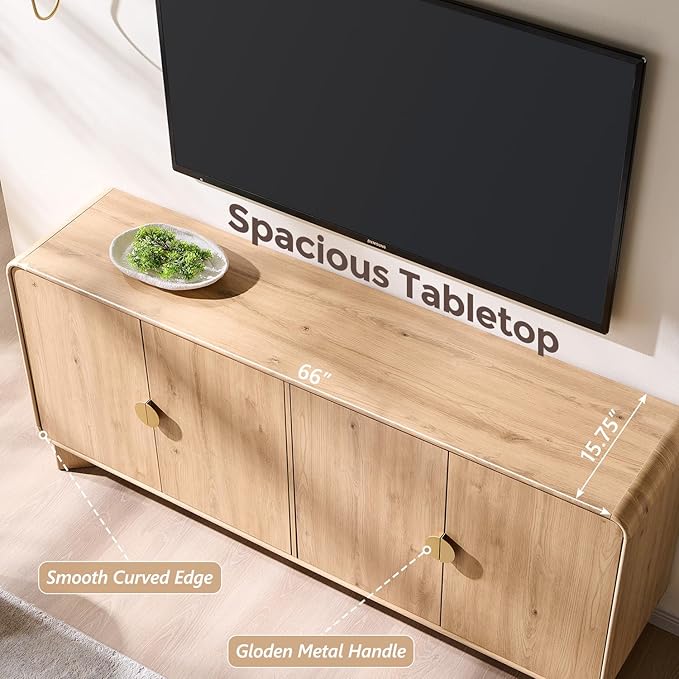 IFGET Modern Buffet Cabinet with Storage, 70" Large Sideboard Buffet Storage Cabinet with 4 Doors and Adjustable Shleves, Wooden Curved Coffee Bar for Dining Room, Kitchen, Living Room, Natural Oak