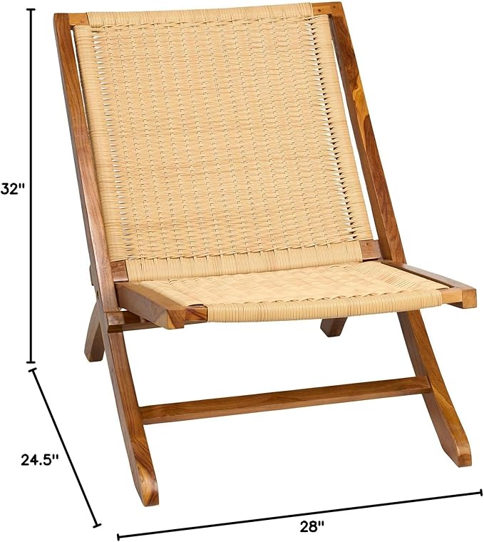 TeakCraft Teak Rattan Lounge Chair – Foldable, Handcrafted Solid Wood Accent Chair with Woven Seat – Mid-Century Modern Recliner for Indoor & Outdoor Use, The Ediz