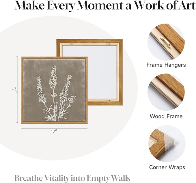 Framed Botanical Boho Wall Art, Set of 4 Piece Vintage Farmhouse Plant Leaf Canvas Artworks for Walls, Rustic Minimalist Picture Prints for Living Room Dining Room Bathroom Wall Decor 12x12 Inch