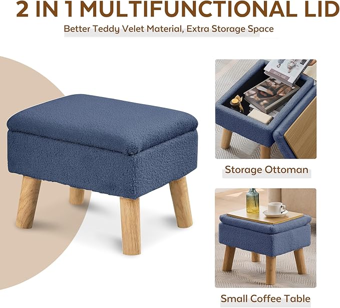 Storage Ottoman, Small Foot Stool Ottoman with Storage, Teddy Velvet Foot Rest with Wood Legs, Footstool for Living Room, Bedroom, Entryway, Blue