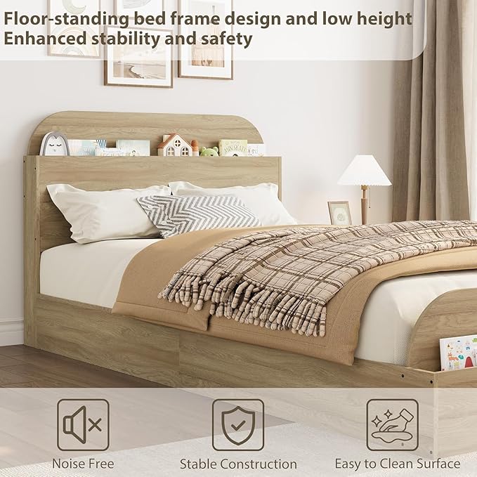 GarveeHome Twin XL Size Bed Frame, Wooden Beds with Storage Headboard and Raised-Foodboard, Twin XL-Floor Low Platform Bed for Bedroom, Sturdy Wooden Slats Support, No Box Spring Needed, Natural