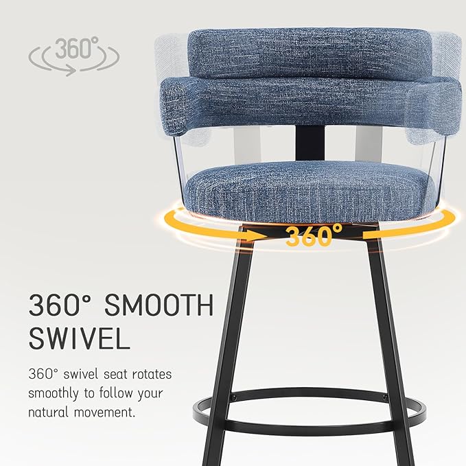 Counter Height Bar Stools with Full Back – Swivel Counter Stools Set of 2 with Linen Padded Back, Metal Footrest, Modern Barstools for Kitchen Counter, Island, Dining Room, Blue 24 inch