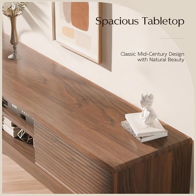 TOLEAD 59" TV Console, Mid Century Modern Media Console for 55/60/65 Inch TV, Low Profile TV Stand with Fluted Sliding Doors, Boho Light Wood Credenza for Living Room, Walnut