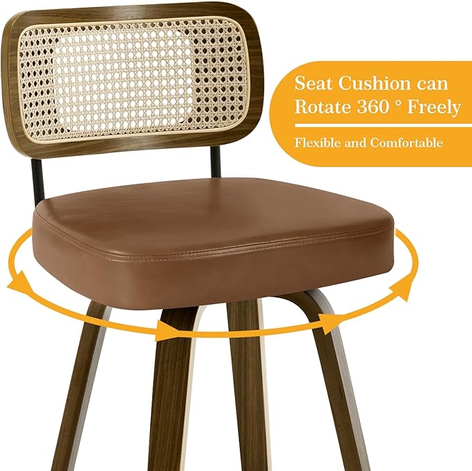 Bekrvio Swivel Counter Height Bar Stools Set of 4, Upholstered Faux Leather Barstools with Rattan Back, 26" Seat Height Bar Chairs for Kitchen Island, Bentwood Wood Frame, Brown