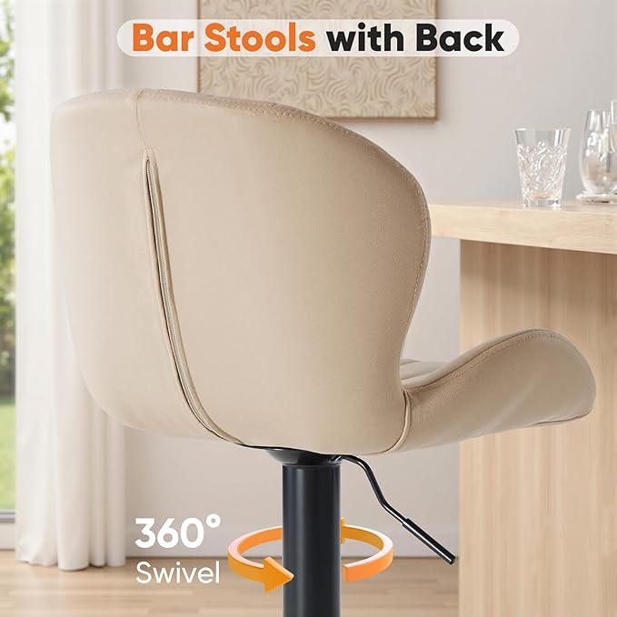 Sweetcrispy Bar Stools Set of 4, Modern Swivel Bar Chairs, Adjustable Fabric Upholstered Barstools Counter Height with Backrest for Bar, Kitchen Island, Dining Room, Beige