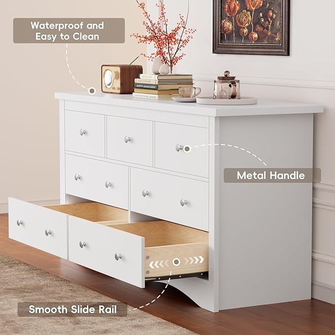 Furmax Dresser for Bedroom, 7 Wood Dresser, Chest of Drawers, for TV up to 65 inch, TV Stand Storage Chest of Drawers for Hallway Entryway (White)