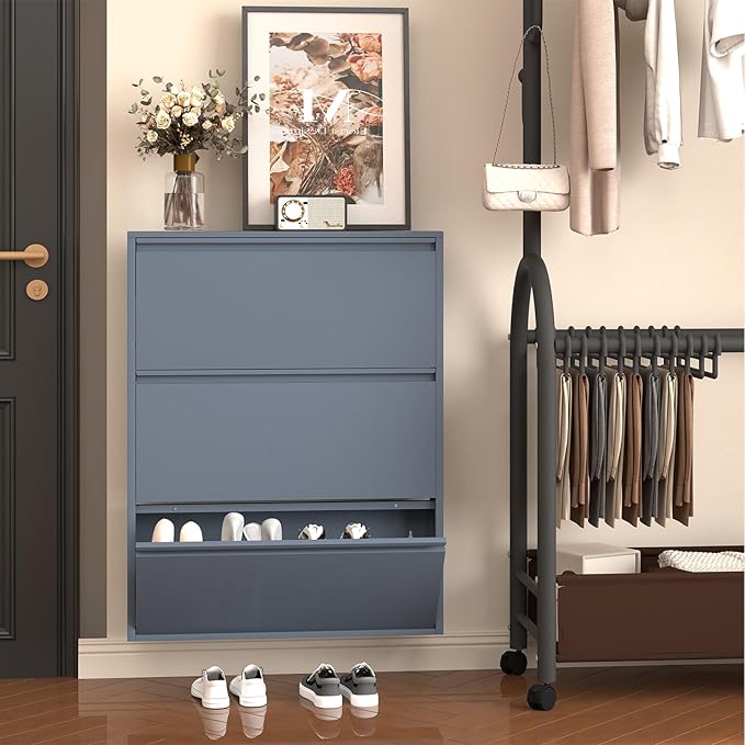 LUCYPAL Shoe Storage Cabinet with 3 Flip Drawers,Freestanding Organizer Metal Wall Shoe Cabinet for Entryway, Narrow Shoe Rack Cabinet for Living Room,Blue