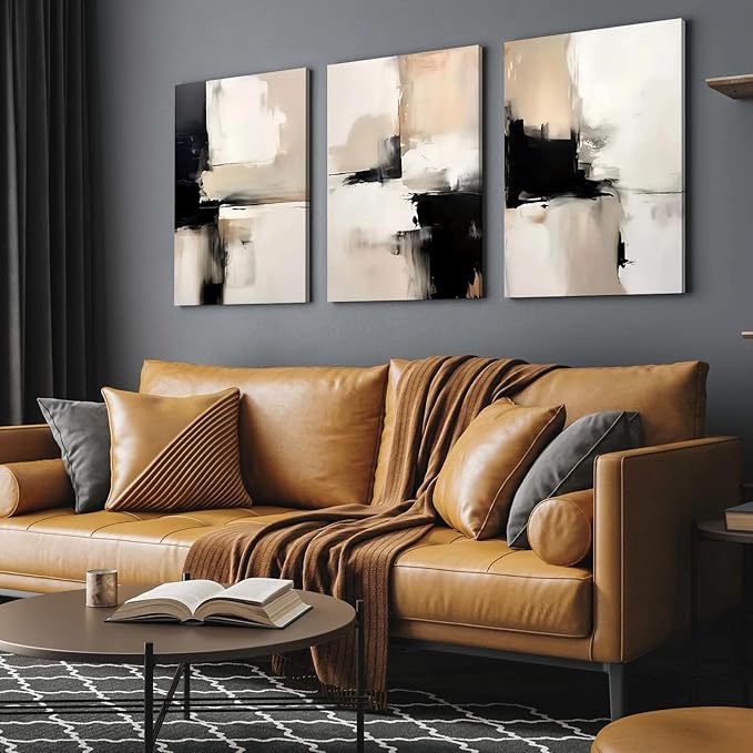 3 Piece Wall Art Framed Modern Abstract Neutral Canvas Wall Art Black White Beige Minimalist Painting for Living Room Bedroom Office Wall Decor Pictures Wall Decor with Hooks and Nails 12x16 Inch
