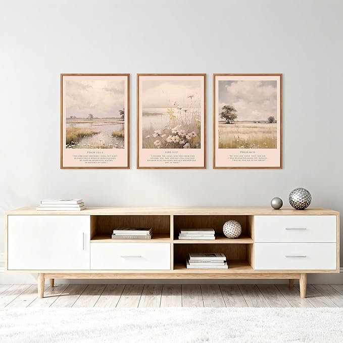 HPINUB Christian Bible Verse Framed Canvas Wall Art Set, (Set of 3,12X16 Inch) Modern Scripture Floral Wall Decor,Vintage Jesus Religious Natural Wildflower Art Print For Living Room,Prayer Room