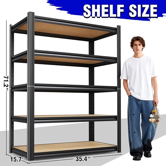 Heavy Duty Garage Storage Shelves 5-Tier Adjustable Metal Rack, 71" x 35" x 16" Utility Steel Shelving Unit, 2050LBS Capacity Organizer for Basement, Shop, Garage, Pantry, Laundry Room, Black