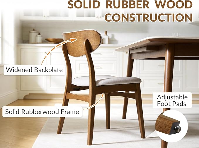 Wooden Dining Chairs Set of 8 - Farmhouse Fabric Upholstered Kitchen Chairs with Curved Back, Solid Wood Mid-Century Modern Side Chair for Dining Room, Beige & Walnut