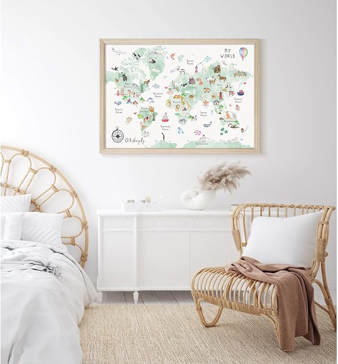 Joocrise Green Kids World Map Wall Art Animal Map Canvas Art Nursery Wall Decor World Map Poster Childrens Room Decor Playroom Prints Educational Artwork 16x24 Inch Wood Frame