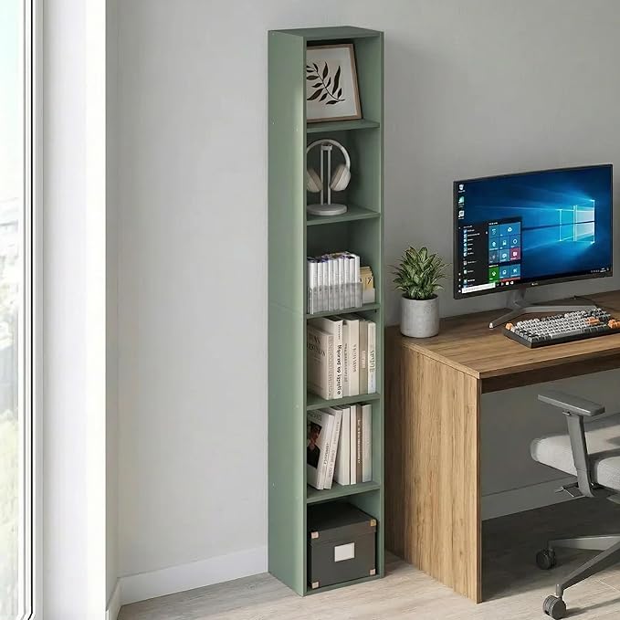 Furinno LUDER Book Shelf, 6-Tier Tall Modern Bookshelf, Bookcase with Open Shelving, Floor Standing Shelves, 9.3 x 12 x 71, for Living Room, Bedroom, Home Office, Sage Green