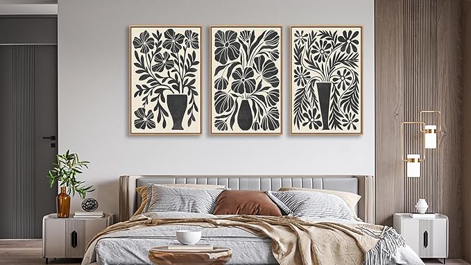 arteWOODS Botanical Framed Wall Art - Neutral Abstract Pictures Vintage Boho Floral Wall Decor Black Beige Minimalist Prints Aesthetic Vase Flowers Painting Artwork 20" x 28" Set of 3 Natural Framed