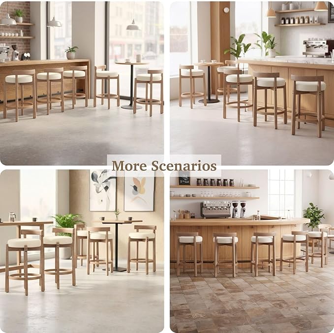 LukeAlon Linen Counter Stools Set of 5, Upholstered 26.5” Seat Height Low Barstools with Natural Wood Legs Round Low Back Kitchen Stools with Footrest for Dining Room Bar Coffee Shop, Beige