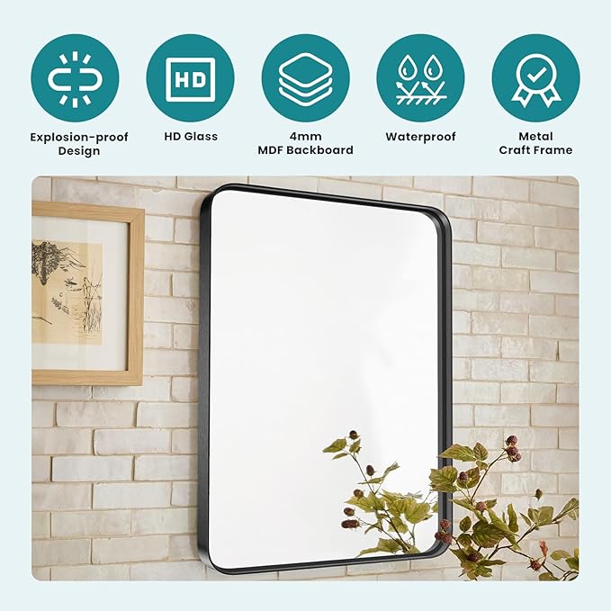NEWBULIG 22X30 Inch Bathroom Wall Mirror, Vanity Bathroom Mirrors for Over Sink Tempered Glass, Anti-Rust Metal Framed Rounded Rectangle, Hangs Horizontally or Vertically, Farmhouse Home Decor, Black