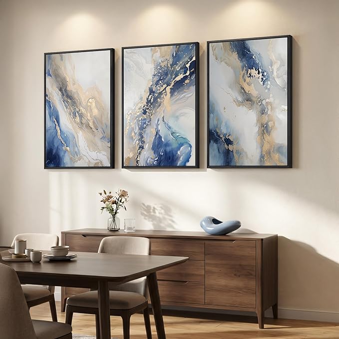 Large Framed Abstract Blue and Gold Wall Art for Living Room, 3 Piece Modern Canvas Artwork for Walls, Contemporary Pictures Prints Paintings for Bedroom Hallway Wall Decor, 24x36 Inch