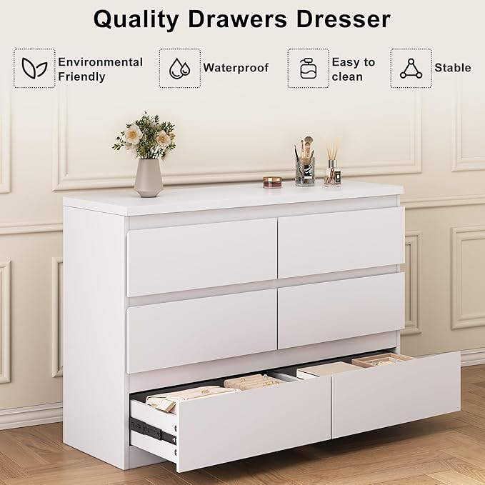 Jocoevol White 6 Drawer Dresser for Bedroom, 15.3" D x 47.2" W x 32.3" H in Simply Modern Chest of Drawers, Wood Storage Double Dresser with Deep Drawers for Living Room, Hallway Entryway, White