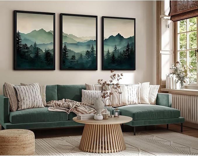 Mountain Wall Art Decor Set of 3 Sage Green Forest Canvas Wall Art Prints Nature Landscape Wall Decor Watercolor Pine Tree Pictures Abstract Modern Painting for Living Room Bedroom 16x24 Inch Framed