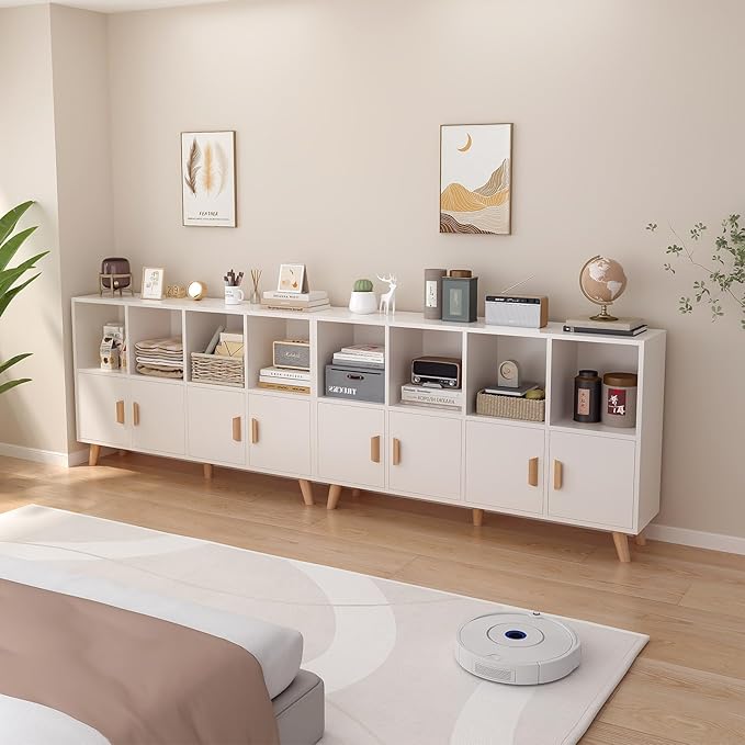 OSCHF Cubby Shelf Bookcase with Doors - Wooden 8 Cube Floor Standing Open Bookshelf with Solid Wood Legs, 2-Tier Low Storage Cabinet, Warm White
