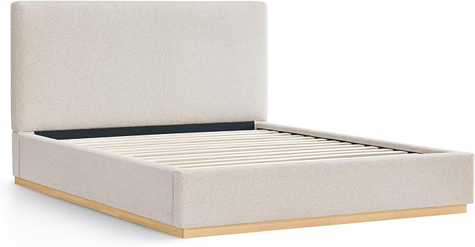 KISLOT Upholstered Queen Size Bed Frame, Boucle Fabric Platform Bed Mattress Foundation Noise-Free No Box Spring Needed Easy Assembly