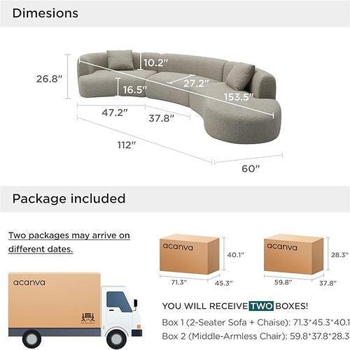 Acanva Modern Curved Sectional Living Room Couch, Minimalist Comfy Boucle Fabric Modular Sofa for Apartment, Home Office, 153" W Right Hand Facing, Light Coffee