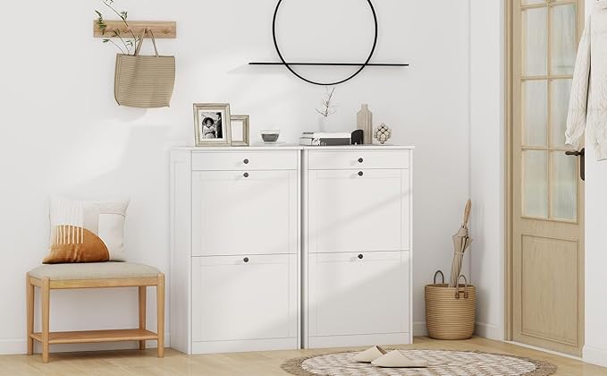 FTZxHKLX Shoe Cabinet with 2 Flip Drawers Set of 2, Small Wood Modern Shoe Organizer with Adjustable Shelf, Narrow Freestanding Hidden Shoe Cabinet Storage for Entryway, Hallway, Living Room, White