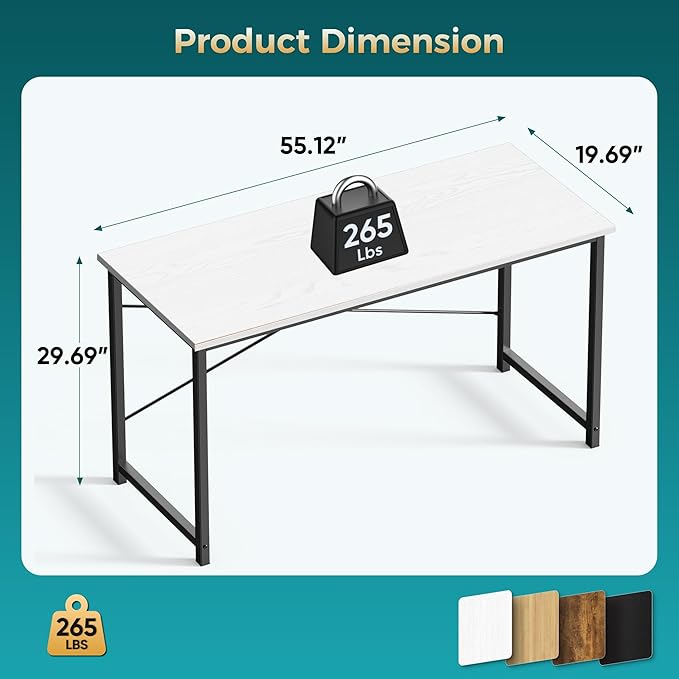 DUMOS 55 Inch Computer Desk for Home Office, Modern Study Work Table Simple Style for Bedroom Small Space, Large Writing Desks with X-Shaped Reinforcement, Wood White