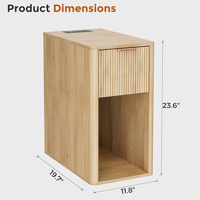 Homleke Narrow End Table with Fluted Drawer and Charging Station, Small Nightstand with USB Ports & Outlets, Bedside Table for Bedroom or Living Room, Modern Accent Table, Natural