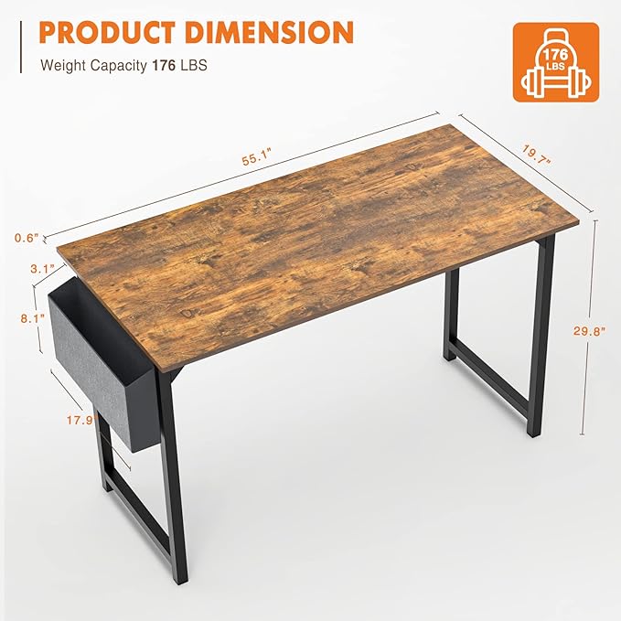 Sweetcrispy Computer Office Desk 55 Inch Student Study Writing Work with Metal Frame Wood Tabletop Modern Simple PC Home Bedroom Table, Rustic Brown