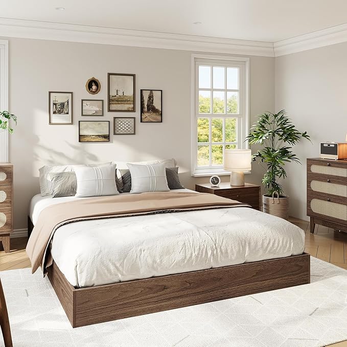 Garvee Queen Bed Frame, Wooden Platform Bed with Sturdy Slats, Modern Minimalist Design, No Box Spring Needed, Noise-Free Design, Easy Assembly, Walnut Wood