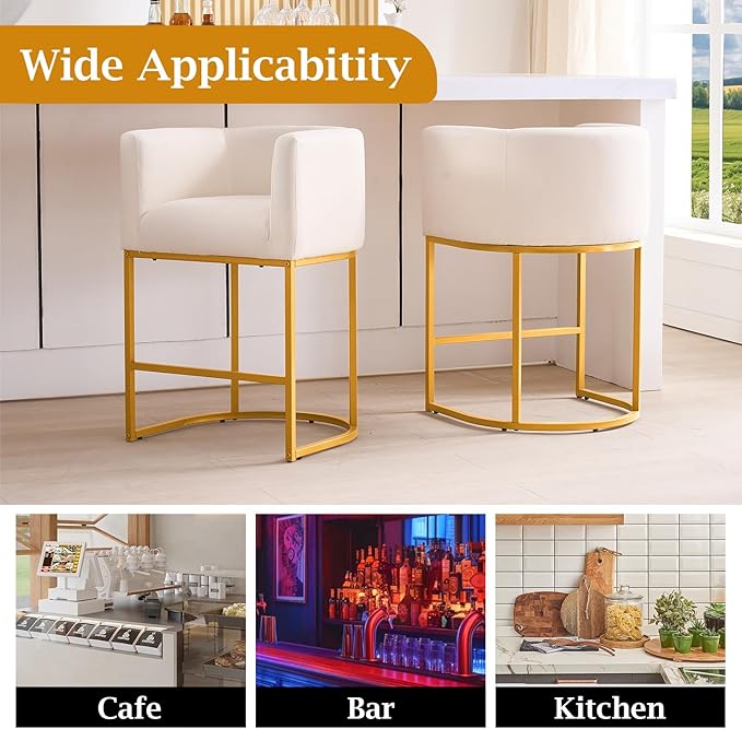 ClinQ 26" H Counter Height Bar Stools Set of 2, Modern Barrel Counter Stools with Backrest and Arms, Gold Metal Frames, Linen Fabric Upholstered Accent Barstools for Kitchen Island, Beige